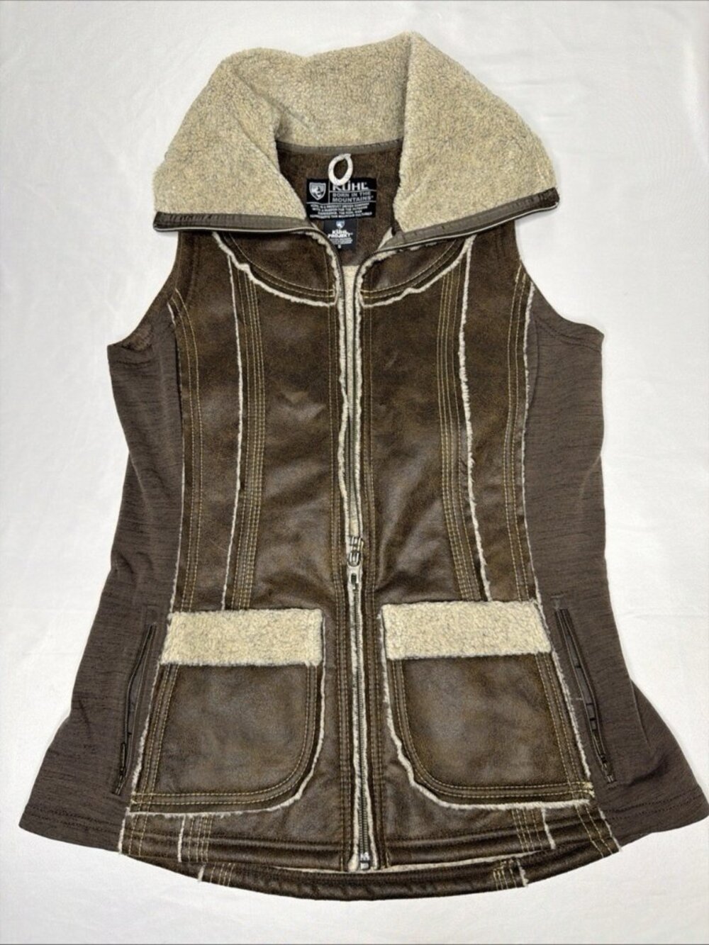 Kuhl Dani Projekt Sherpa Vest Brown Suede Wool Blend Fleece Women's Small
